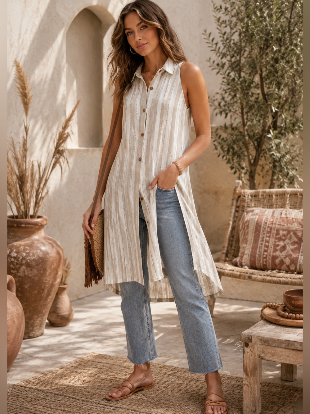 Anthropologie | Delphine Textured Tunic Button Down Side Splits - Size S